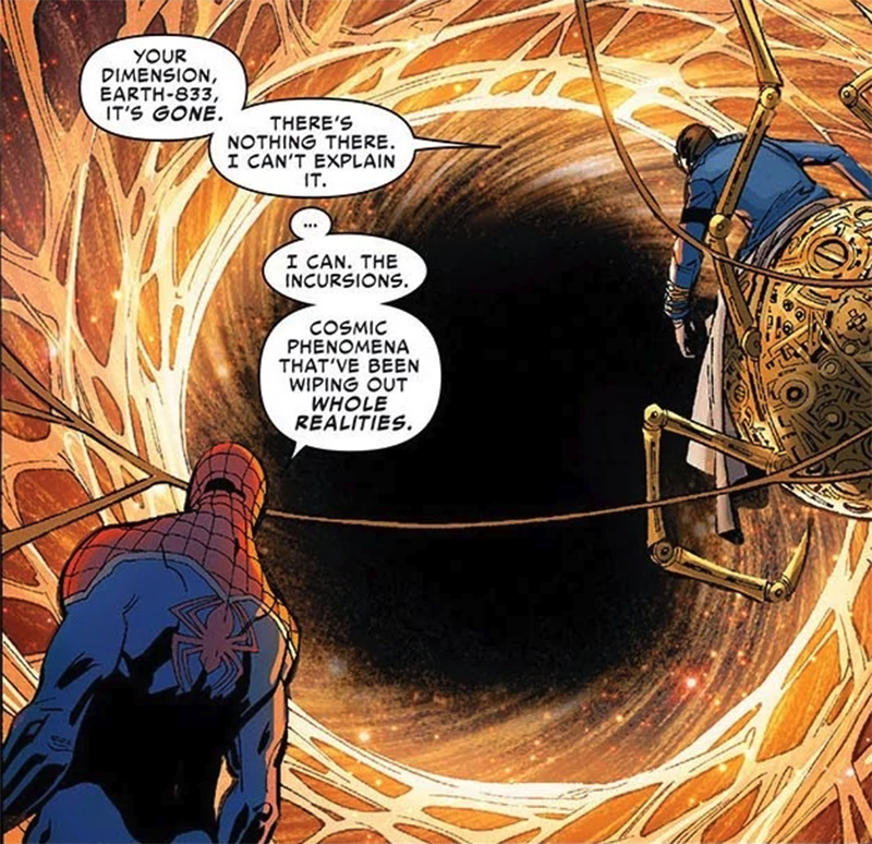 El Momento en el que Spider-UK descubre que su realidad ha desaparecido en una incursión.